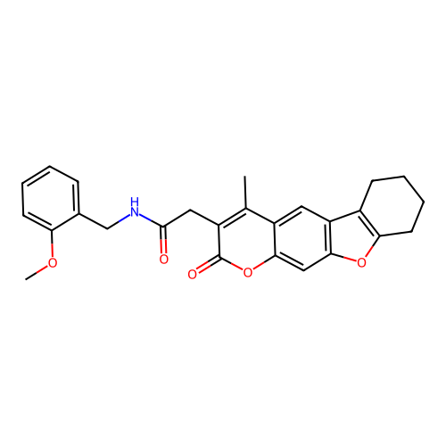 N-(2-methoxybenzyl)-2-(4-methyl-2-oxo-6,7,8,9-tetrahydro-2H-benzofuro[3,2-g]chromen-3-yl)acetamide structure