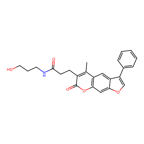 N-(3-hydroxypropyl)-3-(5-methyl-7-oxo-3-phenyl-7H-furo[3,2-g]chromen-6-yl)propanamide structure