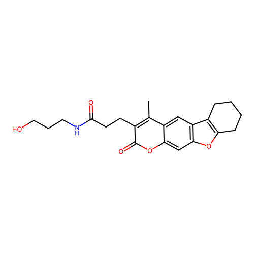 N-(3-hydroxypropyl)-3-(4-methyl-2-oxo-6,7,8,9-tetrahydro-2H-benzofuro[3,2-g]chromen-3-yl)propanamide structure