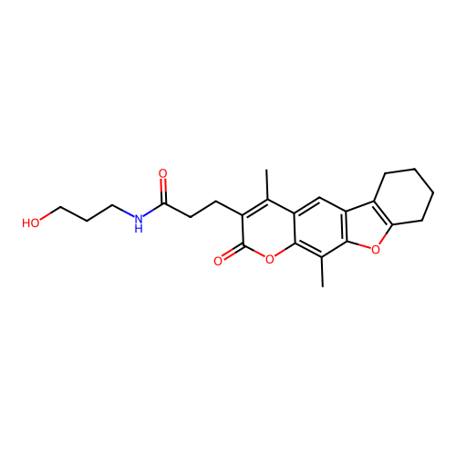 3-(4,11-dimethyl-2-oxo-6,7,8,9-tetrahydro-2H-benzofuro[3,2-g]chromen-3-yl)-N-(3-hydroxypropyl)propanamide structure