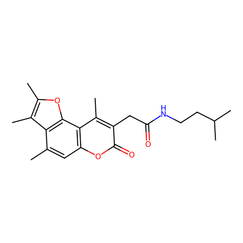 N-isopentyl-2-(2,3,4,9-tetramethyl-7-oxo-7H-furo[2,3-f]chromen-8-yl)acetamide structure