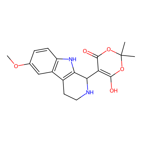 6-hydroxy-5-(6-methoxy-2,3,4,9-tetrahydro-1H-beta-carbolin-1-yl)-2,2-dimethyl-4H-1,3-dioxin-4-one structure