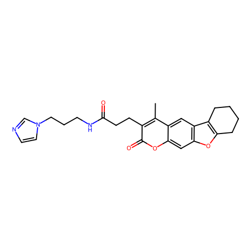 N-(3-(1H-imidazol-1-yl)propyl)-3-(4-methyl-2-oxo-6,7,8,9-tetrahydro-2H-benzofuro[3,2-g]chromen-3-yl)propanamide structure