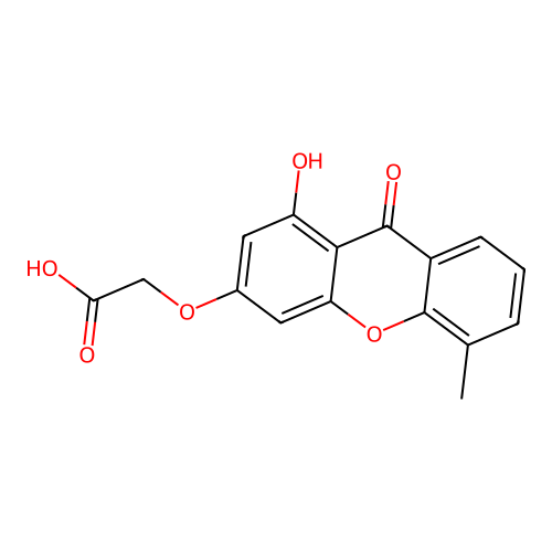 2-((1-hydroxy-5-methyl-9-oxo-9H-xanthen-3-yl)oxy)acetic acid structure