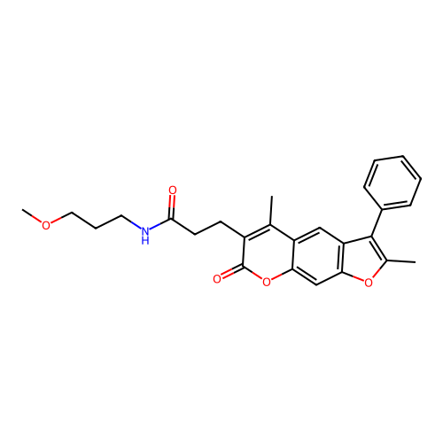 3-(2,5-dimethyl-7-oxo-3-phenyl-7H-furo[3,2-g]chromen-6-yl)-N-(3-methoxypropyl)propanamide structure