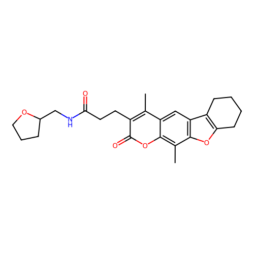 3-(4,11-dimethyl-2-oxo-6,7,8,9-tetrahydro-2H-benzofuro[3,2-g]chromen-3-yl)-N-((tetrahydrofuran-2-yl)methyl)propanamide structure