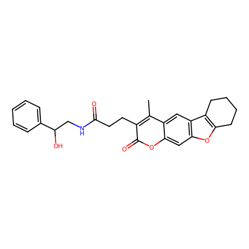 N-(2-hydroxy-2-phenylethyl)-3-(4-methyl-2-oxo-6,7,8,9-tetrahydro-2H-benzofuro[3,2-g]chromen-3-yl)propanamide structure