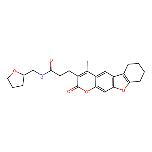 3-(4-methyl-2-oxo-6,7,8,9-tetrahydro-2H-benzofuro[3,2-g]chromen-3-yl)-N-((tetrahydrofuran-2-yl)methyl)propanamide structure