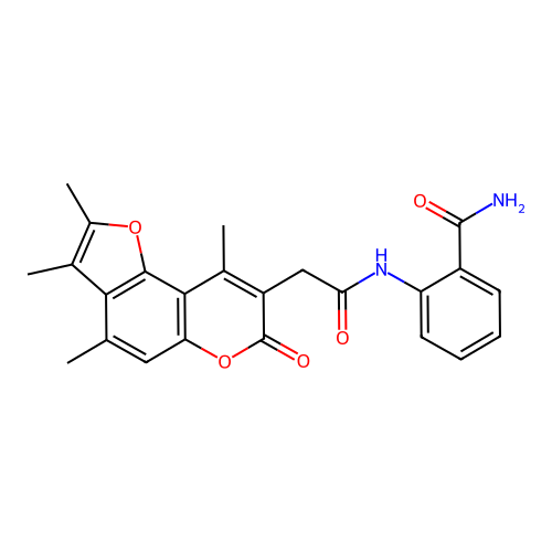 2-{[(2,3,4,9-tetramethyl-7-oxo-7H-furo[2,3-f]chromen-8-yl)acetyl]amino}benzamide structure