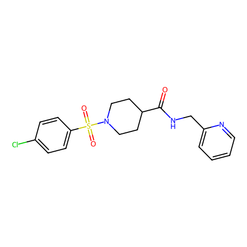 1-(4-chlorophenyl)sulfonyl-N-(pyridin-2-ylmethyl)piperidine-4-carboxamide structure