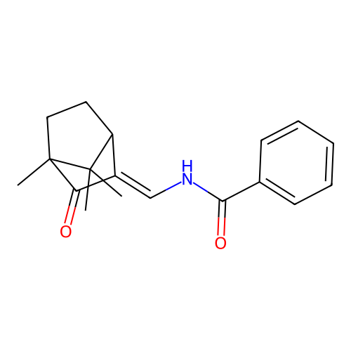 N-[(E)-(4,7,7-trimethyl-3-oxo-2-bicyclo[2.2.1]heptanylidene)methyl]benzamide structure