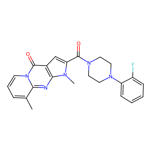 2-(4-(2-fluorophenyl)piperazine-1-carbonyl)-1,9-dimethylpyrido[1,2-a]pyrrolo[2,3-d]pyrimidin-4(1H)-one structure