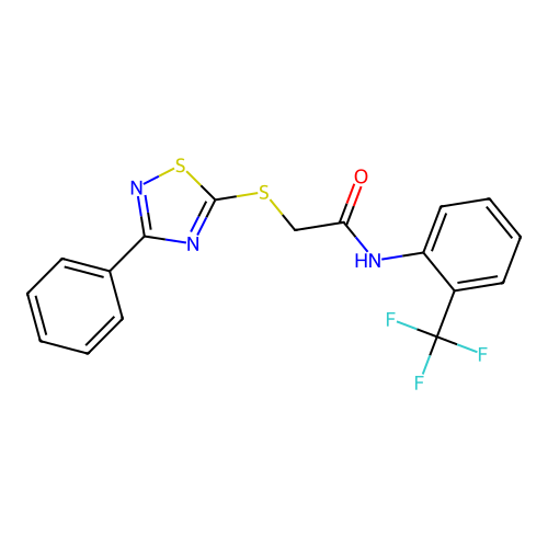 2-((3-phenyl-1,2,4-thiadiazol-5-yl)thio)-N-(2-(trifluoromethyl)phenyl)acetamide structure