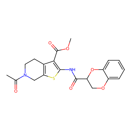 methyl 6-acetyl-2-(2,3-dihydrobenzo[b][1,4]dioxine-2-carboxamido)-4,5,6,7-tetrahydrothieno[2,3-c]pyridine-3-carboxylate structure