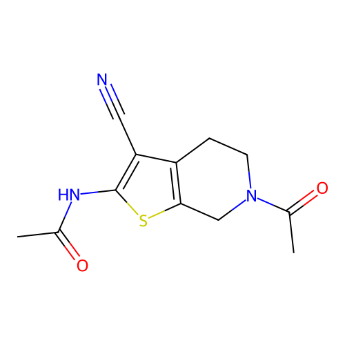 N-(6-acetyl-3-cyano-4,5,6,7-tetrahydrothieno[2,3-c]pyridin-2-yl)acetamide structure