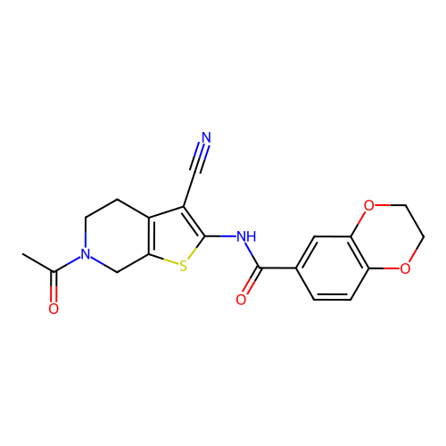N-(6-acetyl-3-cyano-5,7-dihydro-4H-thieno[2,3-c]pyridin-2-yl)-2,3-dihydro-1,4-benzodioxine-6-carboxamide structure