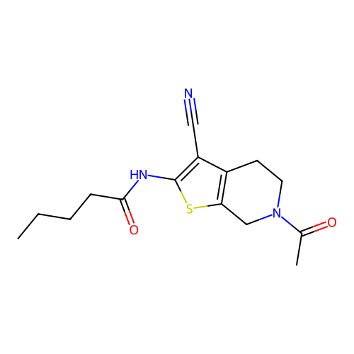 N-(6-acetyl-3-cyano-4,5,6,7-tetrahydrothieno[2,3-c]pyridin-2-yl)pentanamide structure