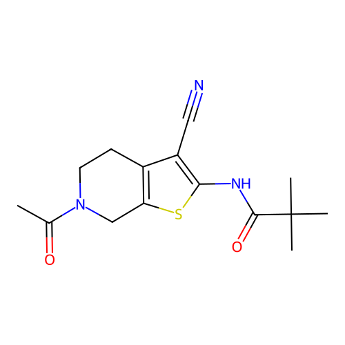 N-(6-acetyl-3-cyano-4,5,6,7-tetrahydrothieno[2,3-c]pyridin-2-yl)pivalamide structure