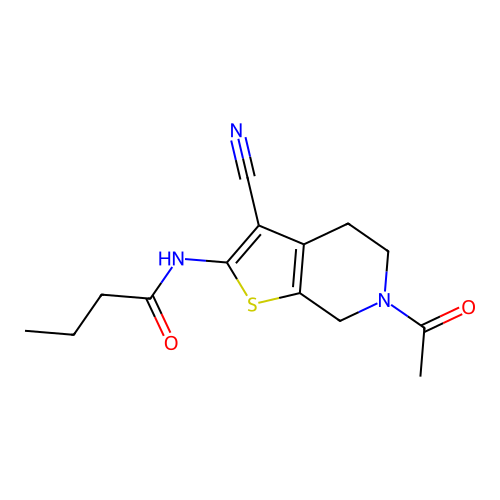 N-(6-acetyl-3-cyano-5,7-dihydro-4H-thieno[2,3-c]pyridin-2-yl)butanamide structure