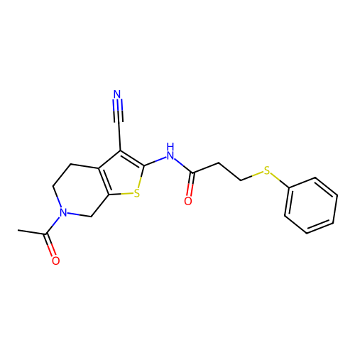 N-(6-acetyl-3-cyano-4,5,6,7-tetrahydrothieno[2,3-c]pyridin-2-yl)-3-(phenylthio)propanamide structure