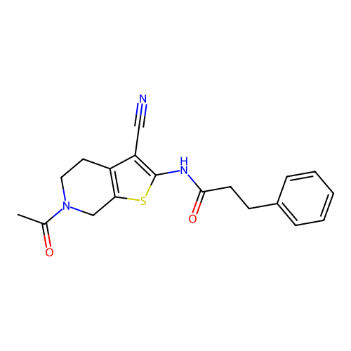 N-(6-acetyl-3-cyano-4,5,6,7-tetrahydrothieno[2,3-c]pyridin-2-yl)-3-phenylpropanamide structure