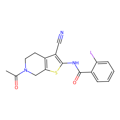 N-(6-acetyl-3-cyano-4,5,6,7-tetrahydrothieno[2,3-c]pyridin-2-yl)-2-iodobenzamide structure