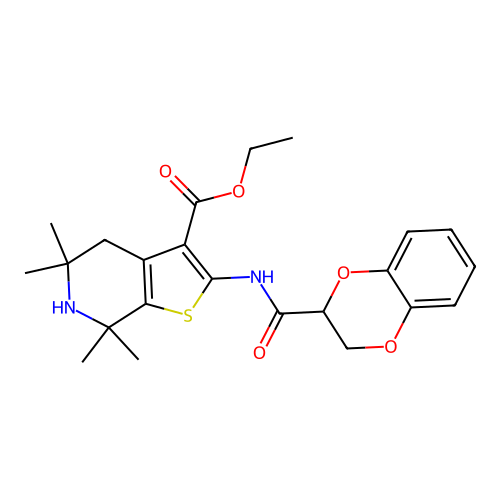 ethyl 2-(2,3-dihydro-1,4-benzodioxine-2-amido)-5,5,7,7-tetramethyl-4H,5H,6H,7H-thieno[2,3-c]pyridine-3-carboxylate structure