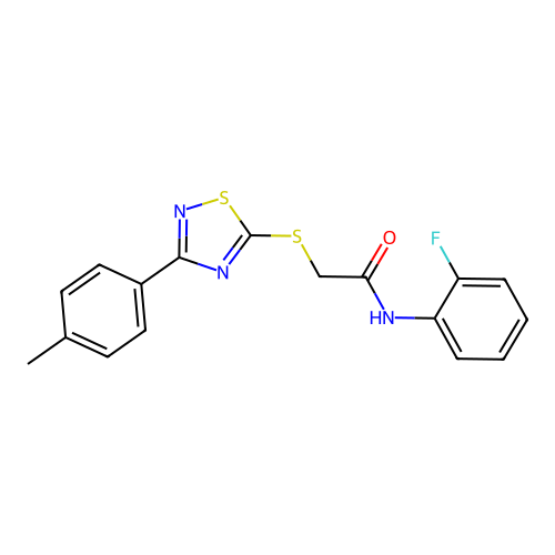 N-(2-fluorophenyl)-2-((3-(p-tolyl)-1,2,4-thiadiazol-5-yl)thio)acetamide structure