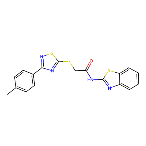 N-(benzo[d]thiazol-2-yl)-2-((3-(p-tolyl)-1,2,4-thiadiazol-5-yl)thio)acetamide structure