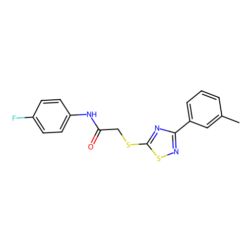 N-(4-fluorophenyl)-2-((3-(m-tolyl)-1,2,4-thiadiazol-5-yl)thio)acetamide structure