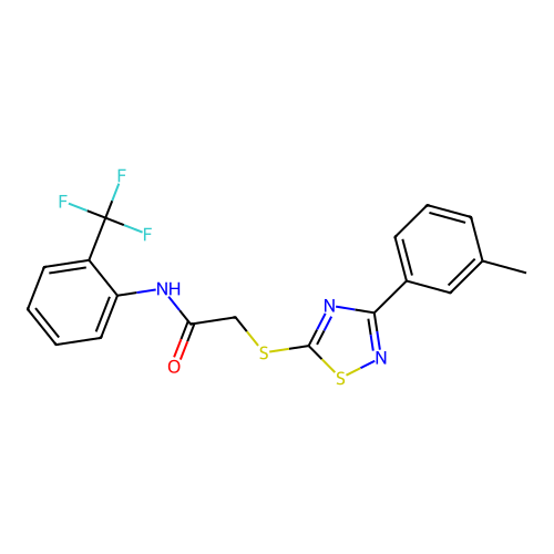 2-((3-(m-tolyl)-1,2,4-thiadiazol-5-yl)thio)-N-(2-(trifluoromethyl)phenyl)acetamide structure