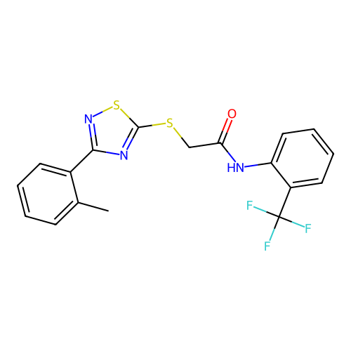 2-((3-(o-tolyl)-1,2,4-thiadiazol-5-yl)thio)-N-(2-(trifluoromethyl)phenyl)acetamide structure