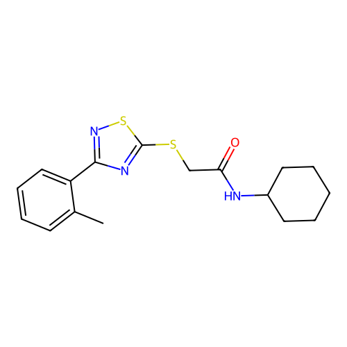 N-cyclohexyl-2-((3-(o-tolyl)-1,2,4-thiadiazol-5-yl)thio)acetamide structure