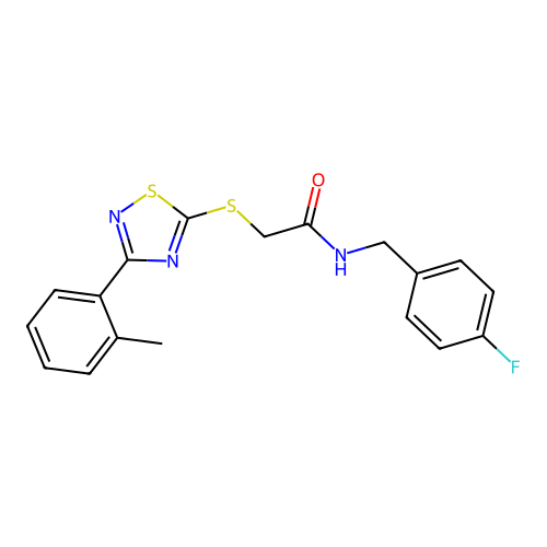 N-(4-fluorobenzyl)-2-((3-(o-tolyl)-1,2,4-thiadiazol-5-yl)thio)acetamide structure