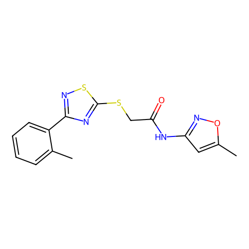 N-(5-methylisoxazol-3-yl)-2-((3-(o-tolyl)-1,2,4-thiadiazol-5-yl)thio)acetamide structure
