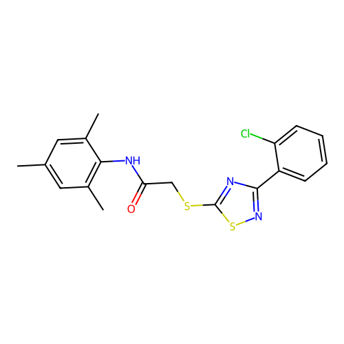 2-((3-(2-chlorophenyl)-1,2,4-thiadiazol-5-yl)thio)-N-mesitylacetamide structure