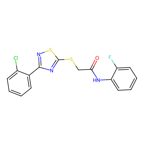 2-((3-(2-chlorophenyl)-1,2,4-thiadiazol-5-yl)thio)-N-(2-fluorophenyl)acetamide structure