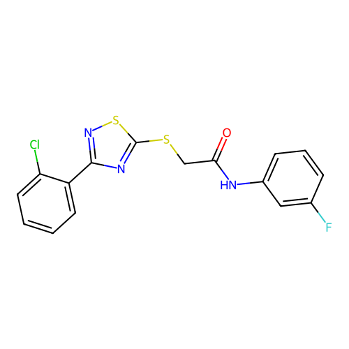 2-((3-(2-chlorophenyl)-1,2,4-thiadiazol-5-yl)thio)-N-(3-fluorophenyl)acetamide structure