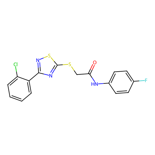 2-((3-(2-chlorophenyl)-1,2,4-thiadiazol-5-yl)thio)-N-(4-fluorophenyl)acetamide structure