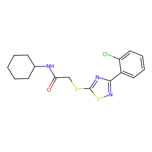2-((3-(2-chlorophenyl)-1,2,4-thiadiazol-5-yl)thio)-N-cyclohexylacetamide structure