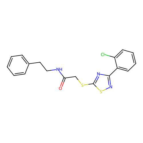 2-((3-(2-chlorophenyl)-1,2,4-thiadiazol-5-yl)thio)-N-phenethylacetamide structure