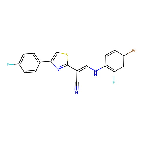 (2E)-3-[(4-bromo-2-fluorophenyl)amino]-2-[4-(4-fluorophenyl)-1,3-thiazol-2-yl]prop-2-enenitrile structure