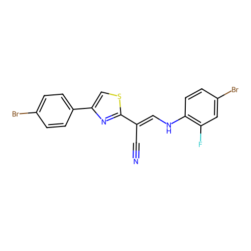 (2E)-3-[(4-bromo-2-fluorophenyl)amino]-2-[4-(4-bromophenyl)-1,3-thiazol-2-yl]prop-2-enenitrile structure