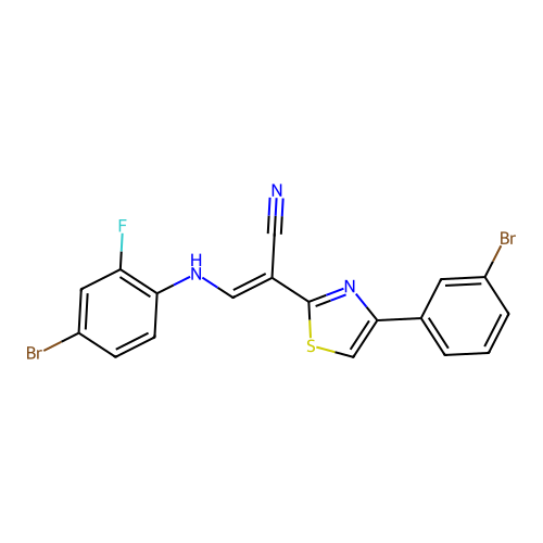 (2E)-3-[(4-bromo-2-fluorophenyl)amino]-2-[4-(3-bromophenyl)-1,3-thiazol-2-yl]prop-2-enenitrile structure