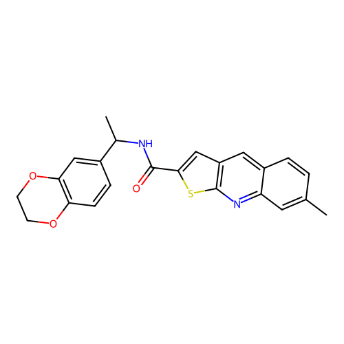 N-[1-(2,3-dihydro-1,4-benzodioxin-6-yl)ethyl]-7-methylthieno[2,3-b]quinoline-2-carboxamide structure