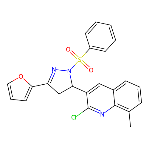 3-[1-(benzenesulfonyl)-3-(furan-2-yl)-4,5-dihydro-1H-pyrazol-5-yl]-2-chloro-8-methylquinoline structure