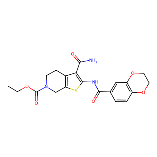 ethyl 3-carbamoyl-2-(2,3-dihydro-1,4-benzodioxine-6-amido)-4H,5H,6H,7H-thieno[2,3-c]pyridine-6-carboxylate structure