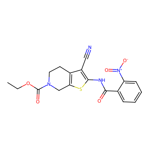 ethyl 3-cyano-2-(2-nitrobenzamido)-4,5-dihydrothieno[2,3-c]pyridine-6(7H)-carboxylate structure