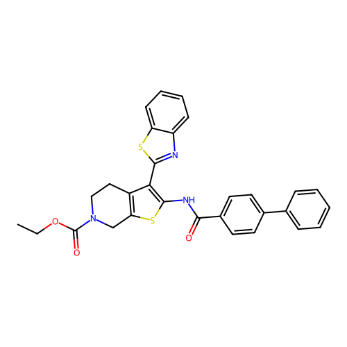 ethyl 2-([1,1'-biphenyl]-4-ylcarboxamido)-3-(benzo[d]thiazol-2-yl)-4,5-dihydrothieno[2,3-c]pyridine-6(7H)-carboxylate structure