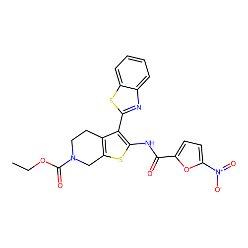 ethyl 3-(1,3-benzothiazol-2-yl)-2-(5-nitrofuran-2-amido)-4H,5H,6H,7H-thieno[2,3-c]pyridine-6-carboxylate structure
